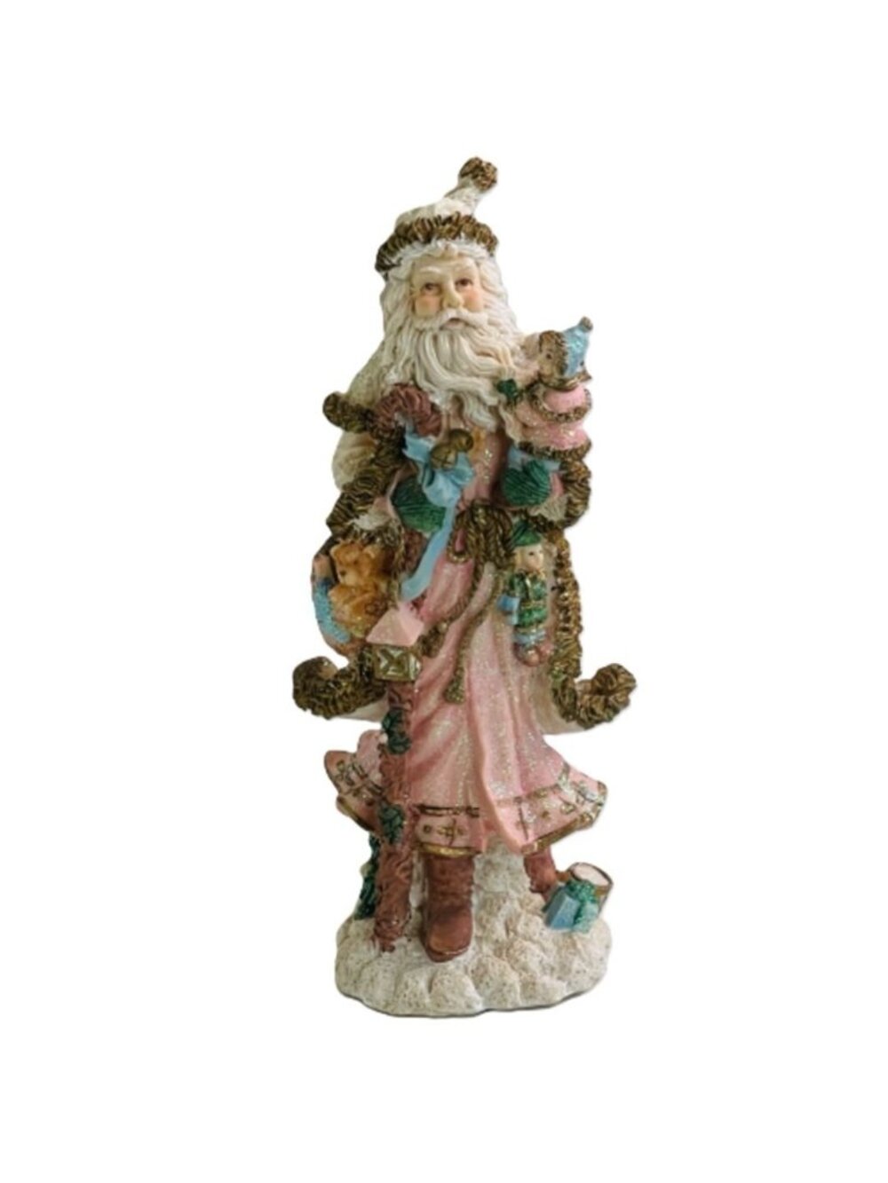 Vintage Victorian Pink Santa Claus Figurine 11.5" Pastel Glitter Old World Resin